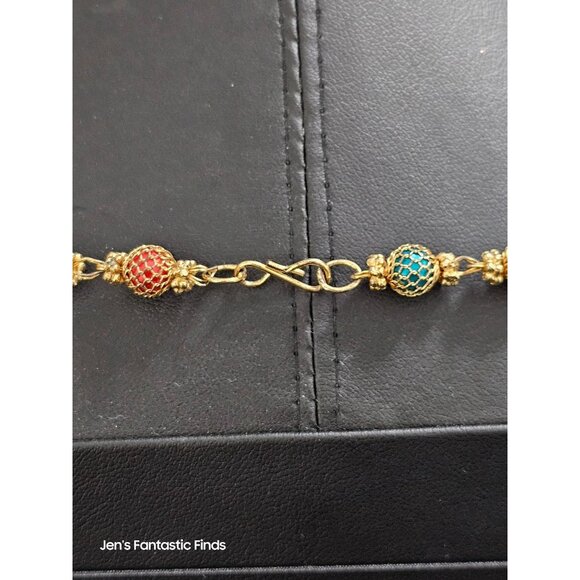 Multi-Color Gold Tone Christmas Beaded Necklace With Red Green & White Beads - Picture 4 of 7